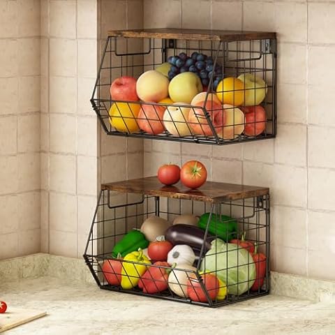 GILLAS 2 Pack Hanging Fruit Basket for Kitchen Counter, Wall Mounted Basket, 2 Set Fruit and Vegetable Storage Bowl, Organizer for Can Onion and Potato, Metal Wire Stackable Baskets Cover