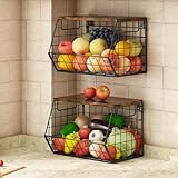 GILLAS 2 Pack Hanging Fruit Basket for Kitchen Counter, Wall Mounted Basket, 2 Set Fruit and Vegetable Storage Bowl, Organizer for Can Onion and Potato, Metal Wire Stackable Baskets
