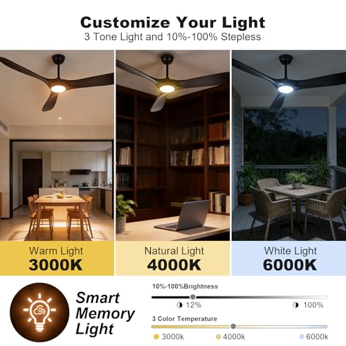 Image of 52 Inch Ceiling Fans with Lights and Remote, Wood Outdoor Ceiling Fan with 6 Speed Noiseless DC Motor, Indoor Modern 3 Blade Propeller Ceiling Fan for Bedroom Living Room Gazebo Patio (Black)