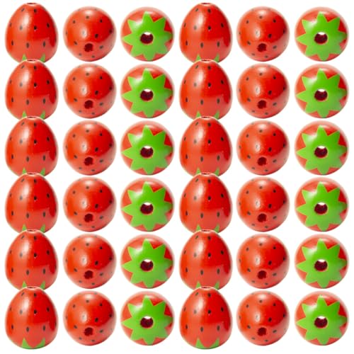 Angoily Cuentas de Madera de Fresa 50 Pcs para Bricolaje, Cuentas Espaciadoras de Collar, Abalorios Naturales de Madera para Hacer Pulseras, Collares y Amuletos, Manualidades y Decoración