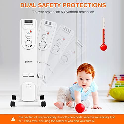 Costway Oil Filled Radiator Heater, 1500W Portable Electric Heater With 3 Heat Settings, Adjustable Thermostat, Overheat & Tip-Over Protection, Small Quiet Space Heater For Indoor Use, Bedroom, Office #TOP4