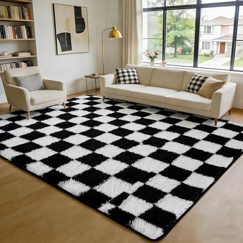 Tapete Shag de Cuadros 4x6, Negro y Blanco