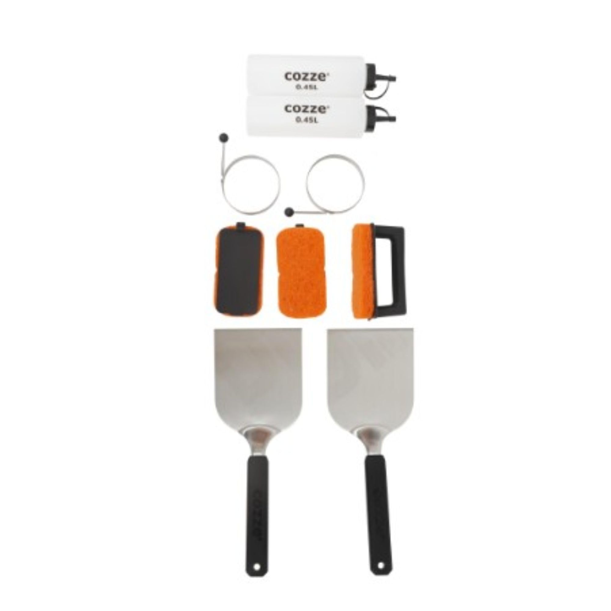 Cozze® Zestaw startowy do grillowania ze stali nierdzewnej SS 304, 9-częściowy, ze szpatułką, przyrząd do czyszczenia grilla, butelki na sosy i pierścienie do jajek, zestaw