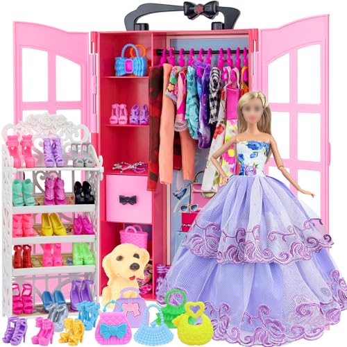 Ecore Fun 120 Pcs Fashion Doll Closet Wardrobe for Clothes and Accessories Storage Include Clothes, Dresses, Shoes, Shoes Rack, Bags, Necklace, Hanger