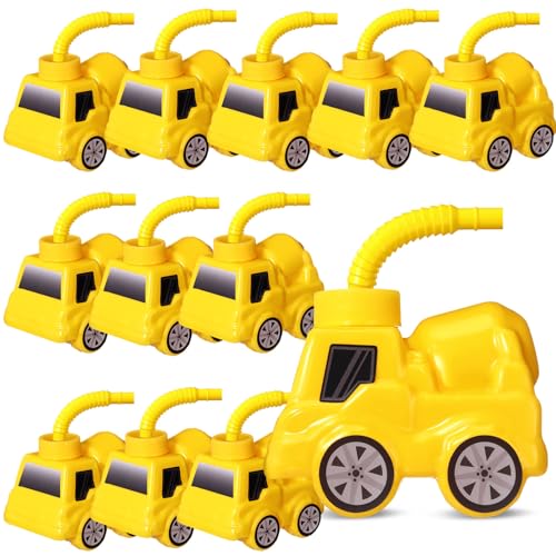 Tanlade 12 Pcs Cement Mixer Truck Cups with Straws and Lids Construction Party Favor Gift Supplies Plastic Concrete Cups, 10oz Plastic Concrete Cup Reusable for Truck Birthday and Race Car Party