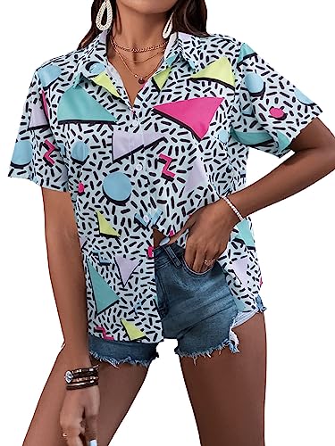 80s 90s Outfits for Women Retro Theme Party Disco Shirt 80s Hawaiian Shirt Neon Button Down Short Sleeve Blouse Tops4