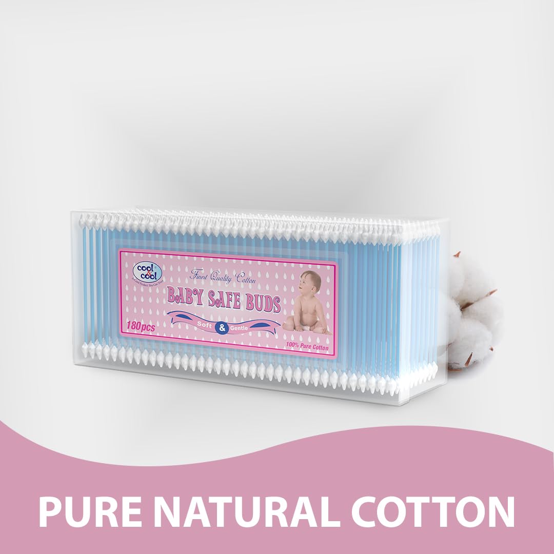 Cool & Cool Baby Cotton Buds - 180's - 100% Pure Cotton, Baby-Friendly, Gentle Cleaning,Ear Protection, Safe swabs for Delicate baby Ears