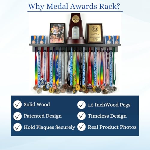 Image of MedalAwardsRack 3ft- Ultimate Medal Hanger Display and Trophy Shelf - Multi-Sport Trophy and Medal Holder for Medal Display, Plaques, Pictures, Trophies and more. Solid Wood - Large 36 inch - Black
