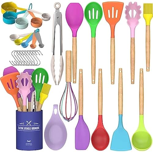 Umite Chef Kitchen Cooking Utensils Set, 33 pcs Non-stick Silicone Cooking Kitchen Utensils Spatula Set with Holder, Wooden Handle Silicone Kitchen Gadgets Utensil Set (Colorful)