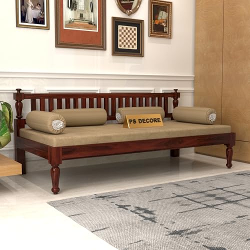Image of PS DECOR Sheesham Wood Sofa 3 Seater Sofa Cum Diwan Bed Included mattres Without Pillow for Home Living Room Hotels - Mahogany Finish | 3-Person Sofa