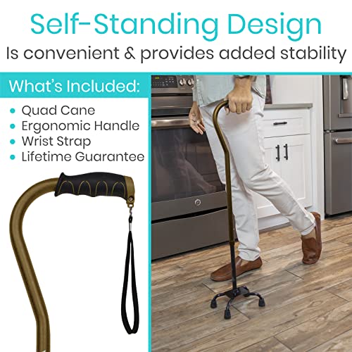 Vive Quad Cane - Walking Stick for Men and Women - Lightweight Adjustable Staff - Comfortable Right and Left Hand Grip for Stability Support - Four Prong Sturdy Aluminum Travel Aid - 4 Tip Bronze - Thumbnail 2