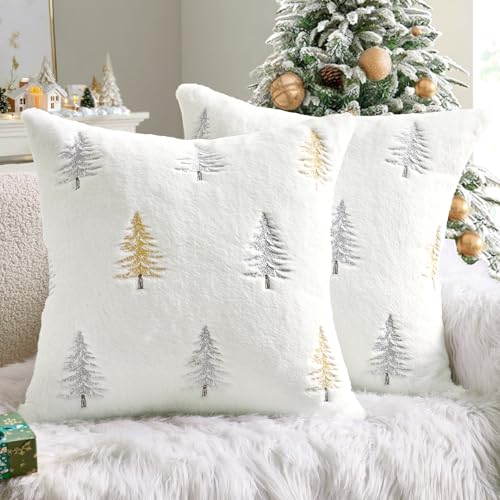 Image of MIULEE Christmas Decorative Pillow Covers Set of 2 Faux Fur Throw Pillows with Embroidered Christmas Tree 18x18 Inch White Gold Winter Couch Covers for Festival Sofa Bedroom Living Room Home Decor