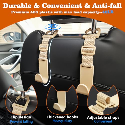 Image of Amooca Anti-drop Car Headrest Hooks 4 Pack Seat Organizer for Bags | Universal Fit Cars SUV Truck, Adjustable, Holds Backpack Water Bottle Handbags Groceries, 40lb Heavy Duty, Clip Design