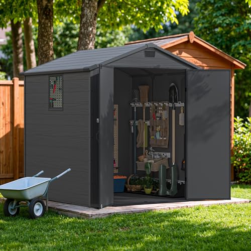 Image of Devoko 6x6 FT Plastic Outdoor Storage Shed - Lockable Resin Tool Shed with Window & Floor - Easy Assembly for Garden, Backyard, Dark Gray