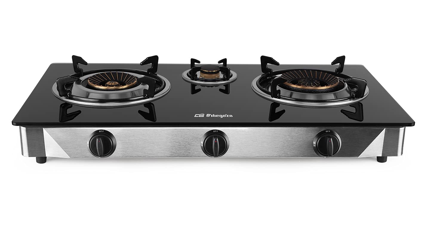 Orbegozo Fo 3520 Cuisinière à gaz, 2 brûleurs triple couronne, butane ou propane, allumage piézoélectrique, surface en verre trempé, corps en acier inoxydable