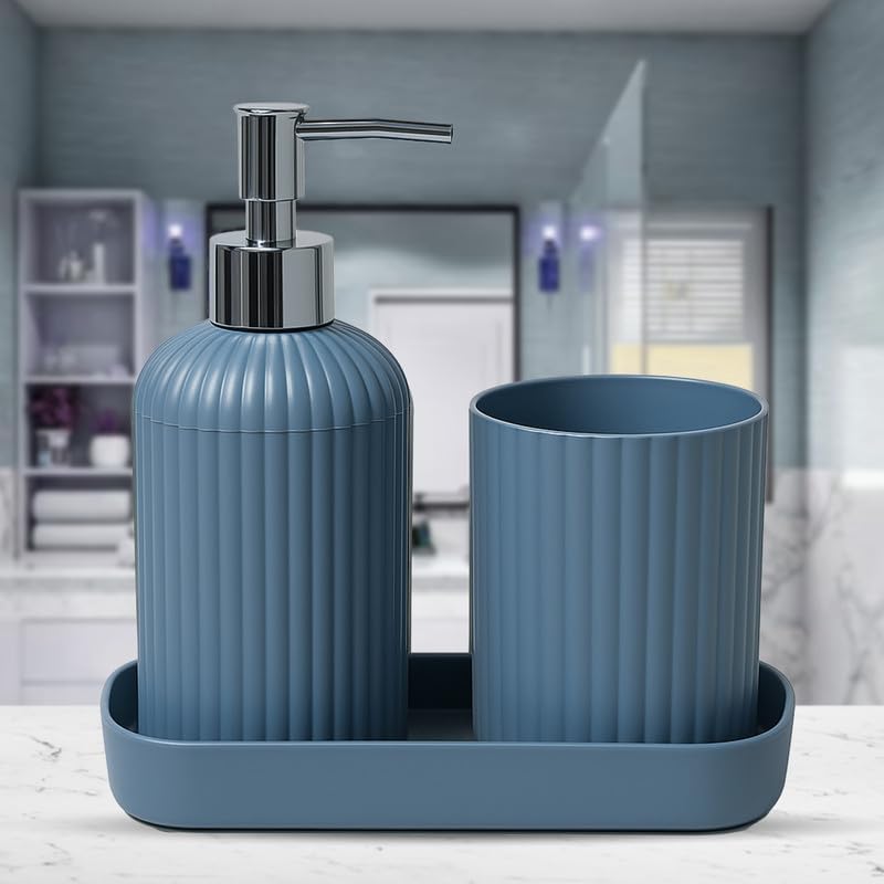 Image of 3PCS Set Bathroom Soap Dispenser Set with Toothbrush Holder and Vanity Tray Unbreakable (Grey)