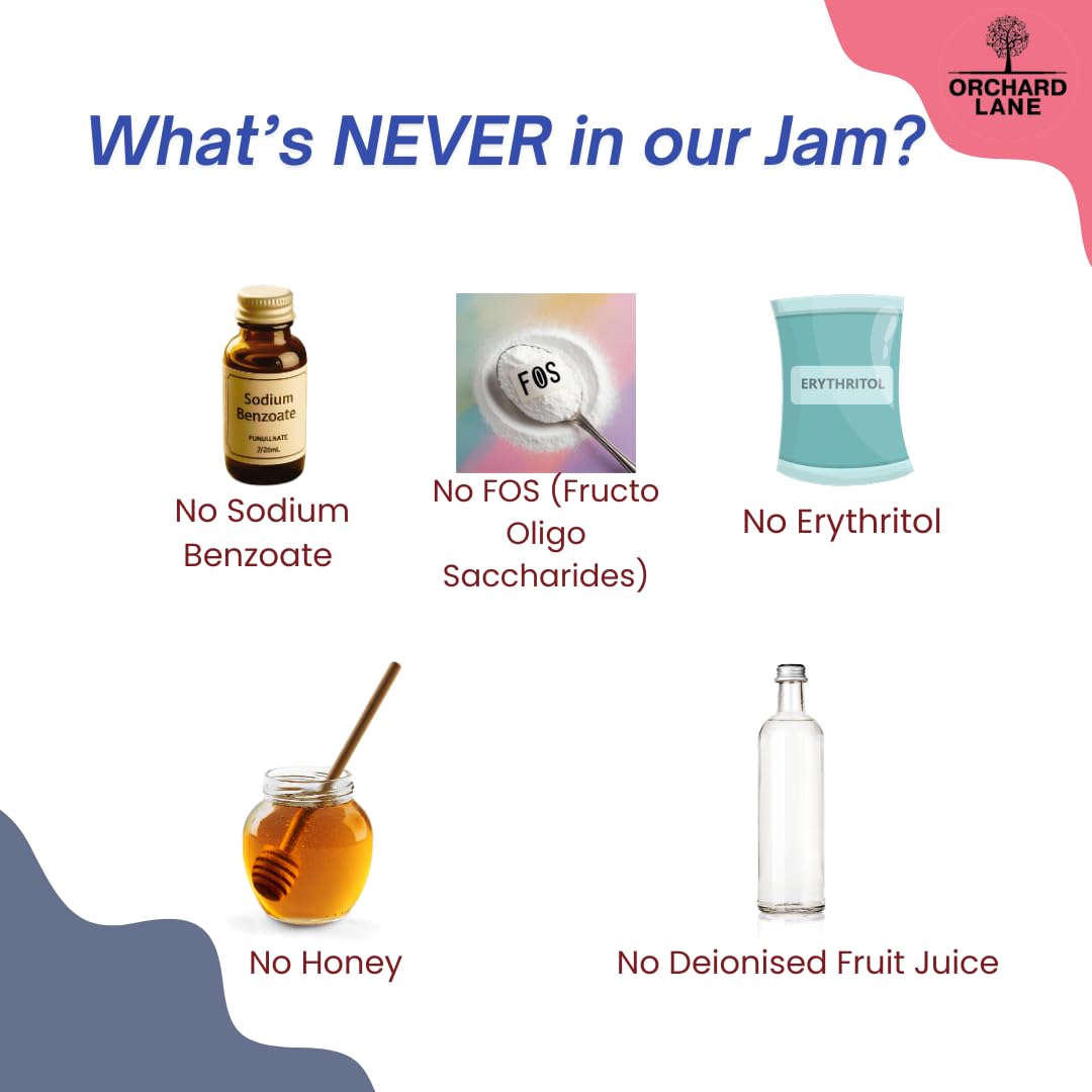 Orchard Lane High Fruit Strawberry Jam | Very Low sugar | Filled with Fresh Fruit- for healthy families- kids, breakfast, gym goers, only 7 calories per serving- Non Fattening jam | without chemicals, preservatives or artificial sugars- 120 gm Glass bottle | guarantee in case of breakage