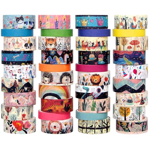 Washi Tape Set 39 Rolls - Cute Animal Colored Decorative Adhesive Tape for Kids Masking Tape for Scrapbooking Supplies DIY Crafts Gift Wrapping Junk Journal Planners School Supplies