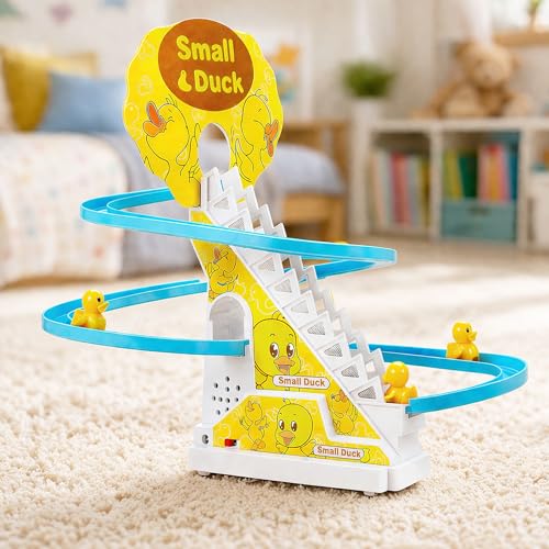 Image of Toyshine Funny Automatic Stair Climbing Ducklings Cartoon Race Track Set | Little Lovely Duck Slide Escalator Toy with Lights and Music Cute Cartoon Ladder with 3 Ducks