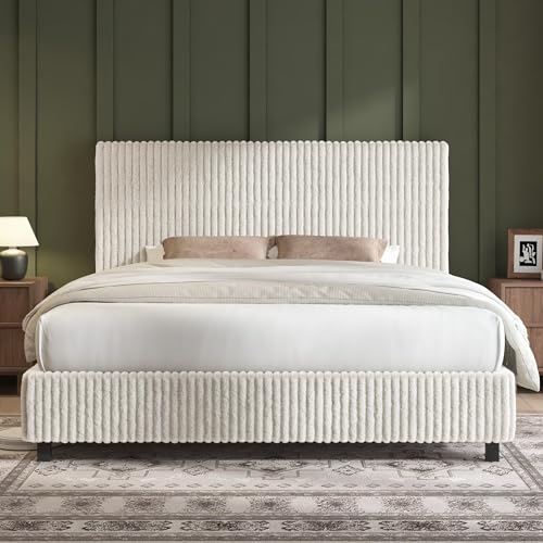 AMERLIFE Upholstered Full Size Bed Frame, Corduroy Platform Bed with 3.5' Thick Gap-Free Headboard,...