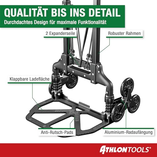ATHLON TOOLS Treppensteiger Sackkarre klappbar TÜV geprüft – Profi Treppensackkarre aus Aluminium leicht - Extra Langer Griff 110cm & Ladefläche mit Anti Rutsch Pads - Transporthilfe für Treppen
