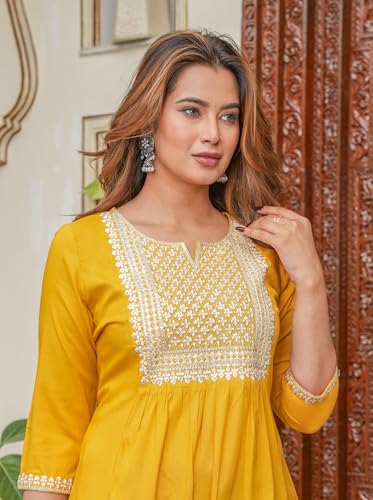 Image of Juniper Mustard Viscose Embroidered Kurta with Thread Work and Sequins