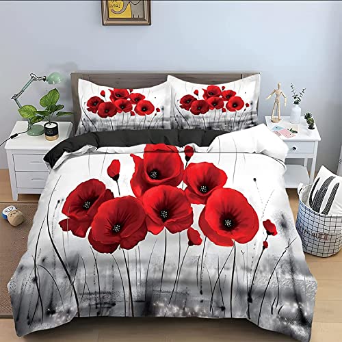 AOLIGL Housse de Couette 240x260 Coquelicots Rouges Parure de Lit 2 Personnes Microfibre,Doux et Confortable Housse de Couette Imprimée avec Fermeture Éclair...