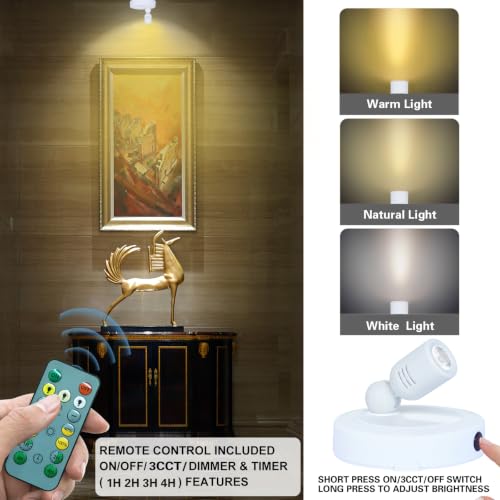 Image of LED Spotlight, Rechargeable Plant Lights, Uplights Indoor | 3 Lighting Modes Battery Powered Picture Light with Remote, Mini Spotlights for Displays Artwork Painting Cabinet, White