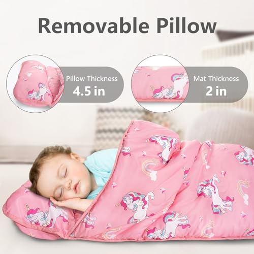 Image of Primlect Thickened Toddler Nap Mat with Removable Pillow and Minky Blanket, Extra Large 55''x35'' Sleeping Bag, Washable, Roll up, Perfect for Daycare, Preschool, Kindergarten, Boys and Girls Pink