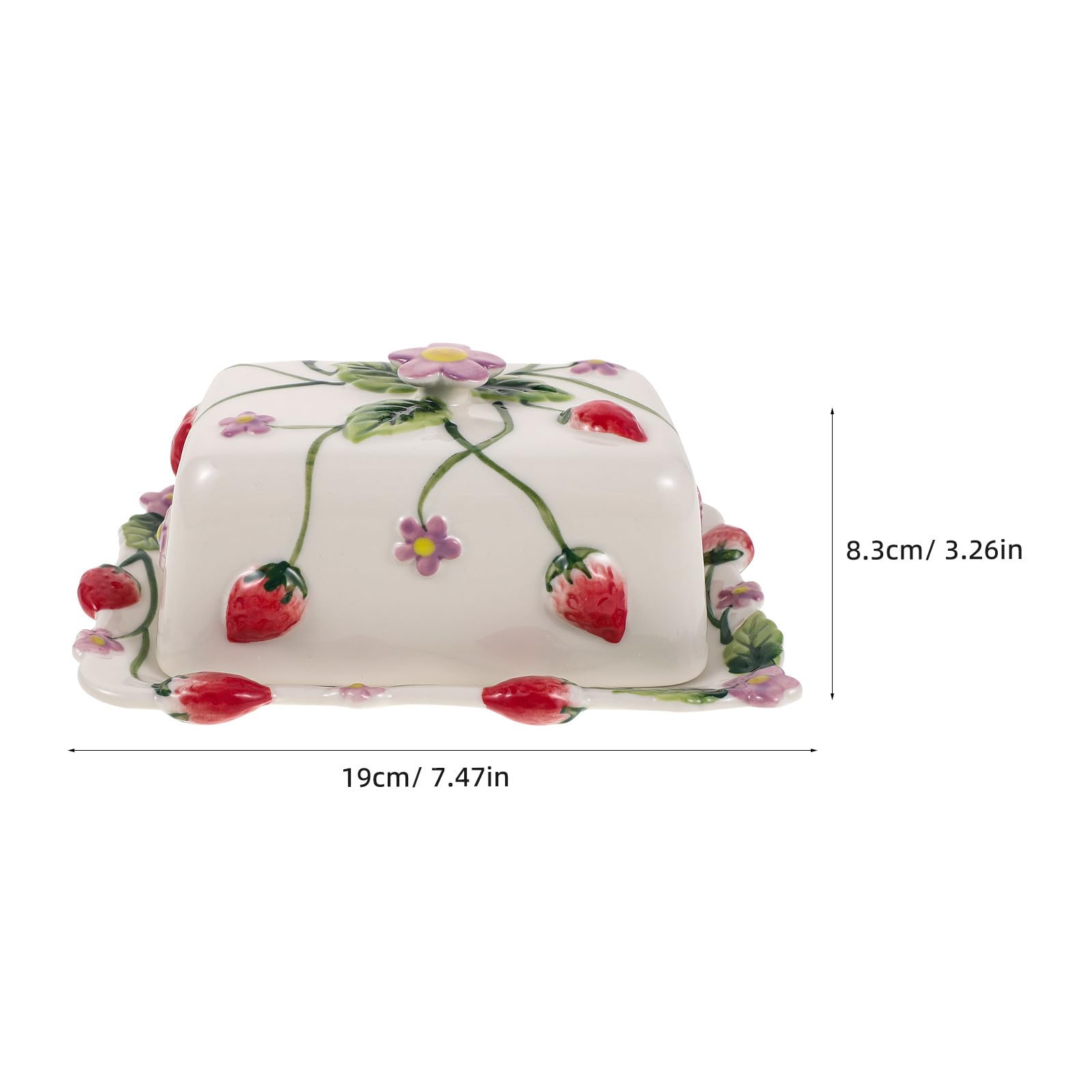Beurrier Décoratif en Céramique avec Couvercle, Motif Fraise Floral