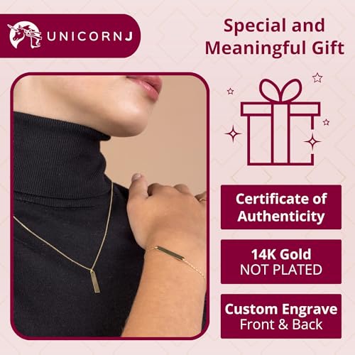 Image of UNICORNJ 14K Yellow Gold Engravable Personalized Bar Pendant Necklace or Bracelet Polished Shiny on Cable Chain Italy
