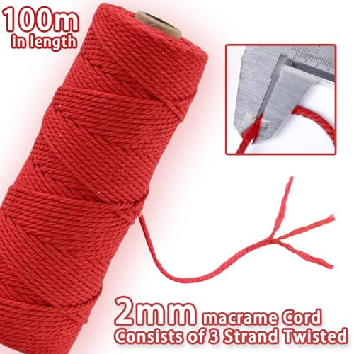 MORAINJAY 2mm Macrame Cord 100m, Red Macrame Cotton Cord Twine Rope Craft String - Image 2
