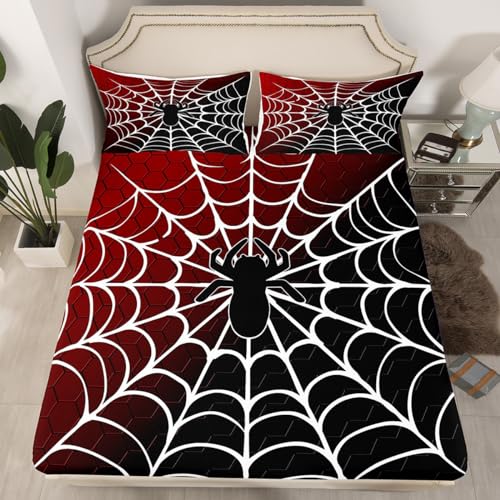 Parure de lit 4 pièces imprimé toile d'araignée blanche bordeaux et noir