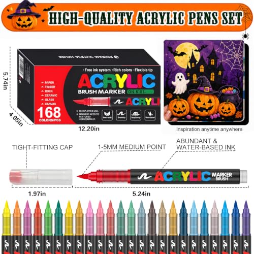Image of Amamao - 168 Colors Acrylic Paint Markers with Soft Brush Tip for Wood, Stone, Canvas, Glass, Fabric, Egg, Stone Painting and Crafts