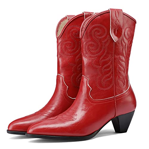 Image of Womens Embroidered Cowgirl Boots Pull On Cowboy Boots for Women Floral Low Chunky Heel Western Boots