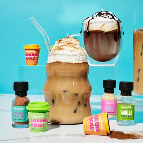 Image of Thoughtfully, Iced Coffee Barista Bar Gift Set, Includes Instant Coffee, Flavored Syrups, Cocoa Powder & Cinnamon Sugar, DIY Coffee Station Sampler Gift for Coffee Lovers
