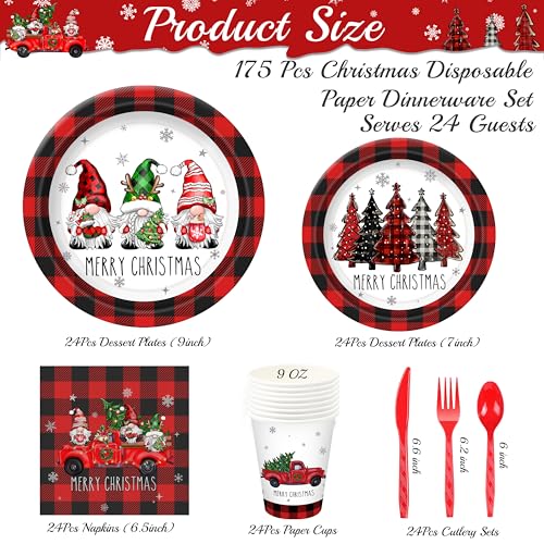 Christmas Plates Set Christmas Dinner Tableware Set Disposable 168Pcs Christmas Party Supplies for 24 Guests Buffalo Plaid Christmas Paper Plates Napkins Cups Plastic Forks Knives Spoons – Image 3