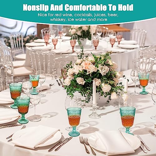 Eaasty Wine Glasses Set of 12 Vintage Goblet 9 oz Vintage Colored Glass Goblet Beverage Stemmed Glass Cups Romantic Embossed Glassware for Wedding Party Holidays Anniversary (Blue)