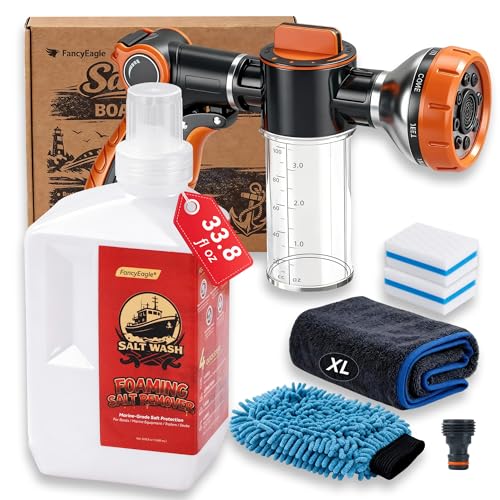 5-in-1 Salt Remover Wash Kit pH Neutral Boat Cleaner for Boats Cars& Boating Accessories Marine Engines & Outboard Motor Flush Includes Foam Sprayer XL Towel Wash Mitt & Scuff Erasers