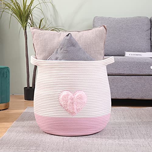 Childishness Ndup Large Cotton Rope Basket, Woven Storage Basket For Toy, Laundry And Blanket Organizer Basket, Round Hamper Basket With Handles For Kid's Room 17.7"X16.9" (Pink Heart) #TOP3