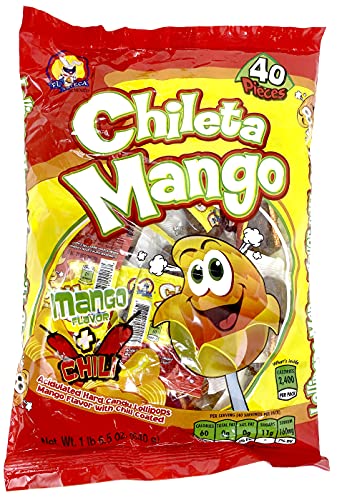 El Azteca Chileta Mango 40 Count â€“ 40 Mango Chile Lollipops - Mango Con Chile Paletas Mexican Candy