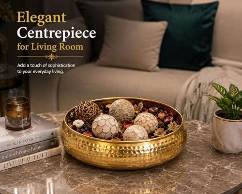 Image of Hammered Iron Metal Decorative Bowl with Golden Finish for Home Decor, Centre Table, Festive Decoration & Diwali Gift - 8 Inch