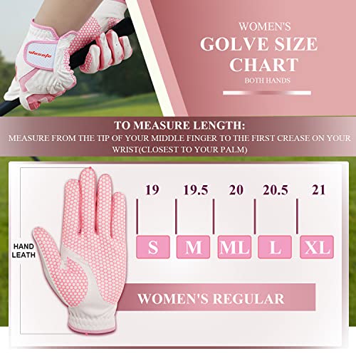 Wosofe Golf Gloves Women Both Hands Pair Synthetic Pu Soft Silica Gel Non-Slip Ventilation Comfortable Pink Close Fit Fashion (Large) #TOP4