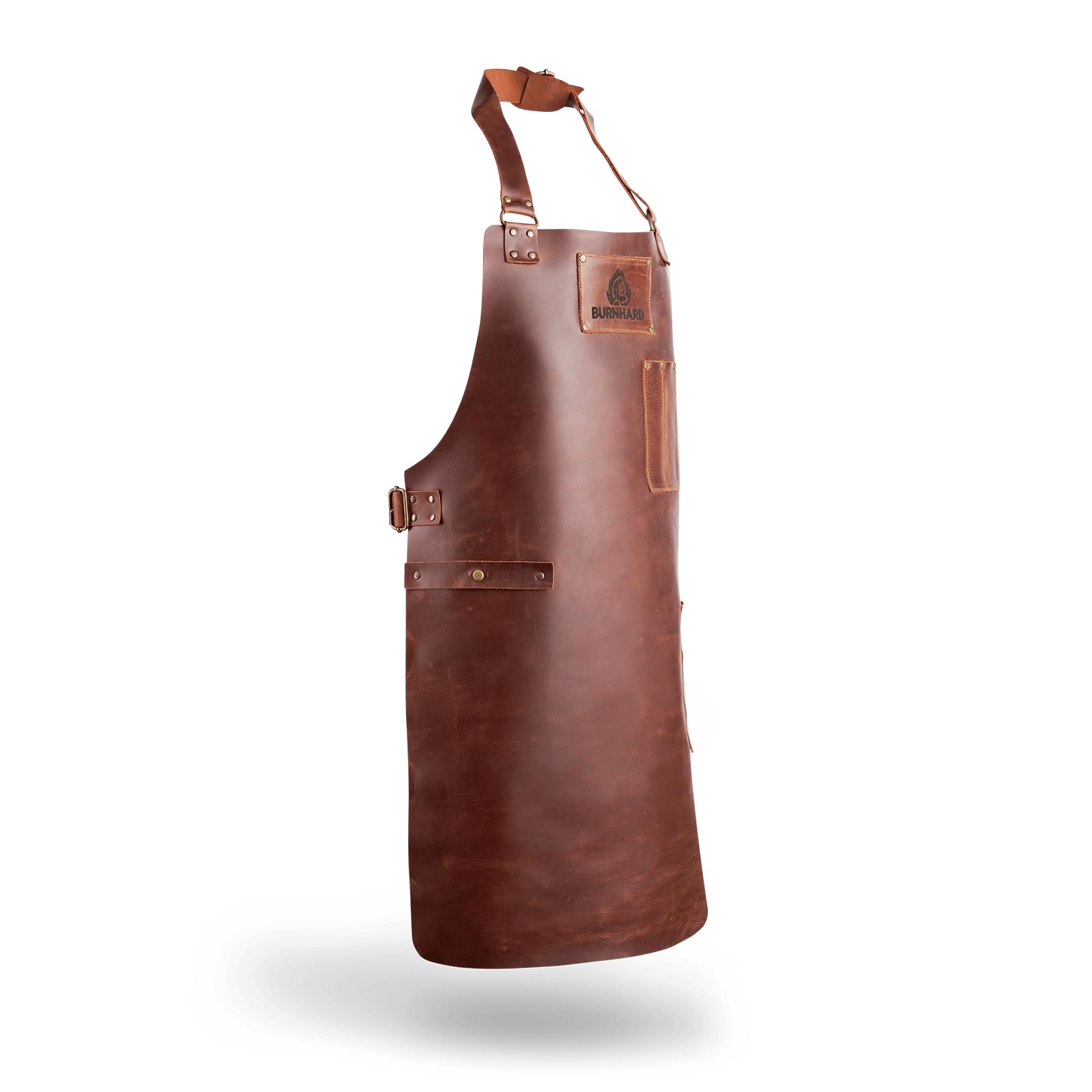 BURNHARD Delantal de cuero 100% piel de búfalo, hecho a mano, 2 bolsillos, correas laterales, acolchado de cuello, correa ajustable – Delantal Pro BBQ