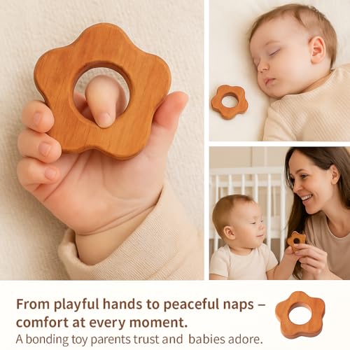 Image of Shark Doo Doo Neem Wood Baby Teether (Flower) | Organic & Handcrafted | Chemical-Free, Paint-Free, Antibacterial Teething Toy for Babies