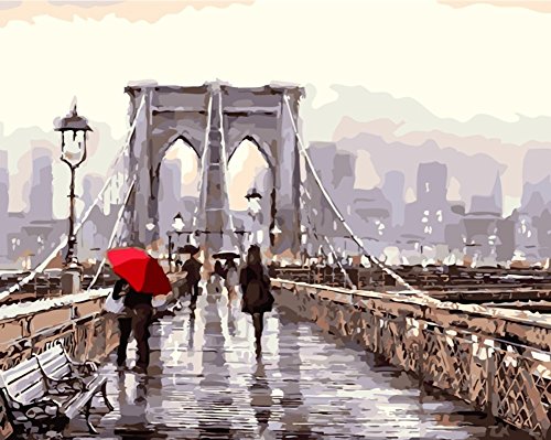 YEESAM ART Paint by Numbers for Adults Kids, Romantic Street, Brooklyn Bridge View 16x20 Inch Linen Canvas Acrylic DIY Number Painting Kits Wall Art Decor Gifts (Without Frame)