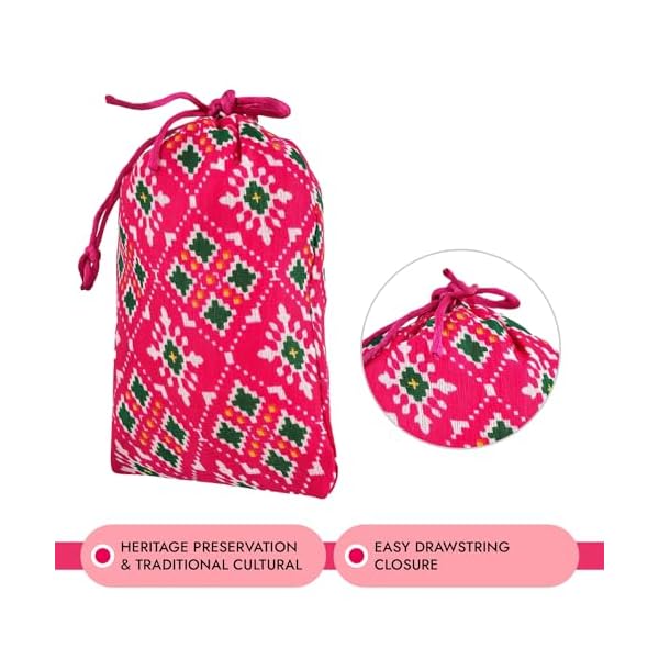 Kuber Industries Potli | Silk Wedding Potli | Drawstring Closure Potli | Wallet Potli | Christmas Gift Potli | Baby Shower Potli | Small-Patola-Print Potli | 5x7 Inch | Pack of 6 | Rani - Image 7