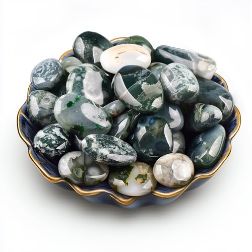 Image of Polished Stone Set Moss Agate Crystals, 0.8 inch Handpicked Tumbled Gemstones Rocks, Pebbles for Reiki, Chakra, Healing, Home Decor