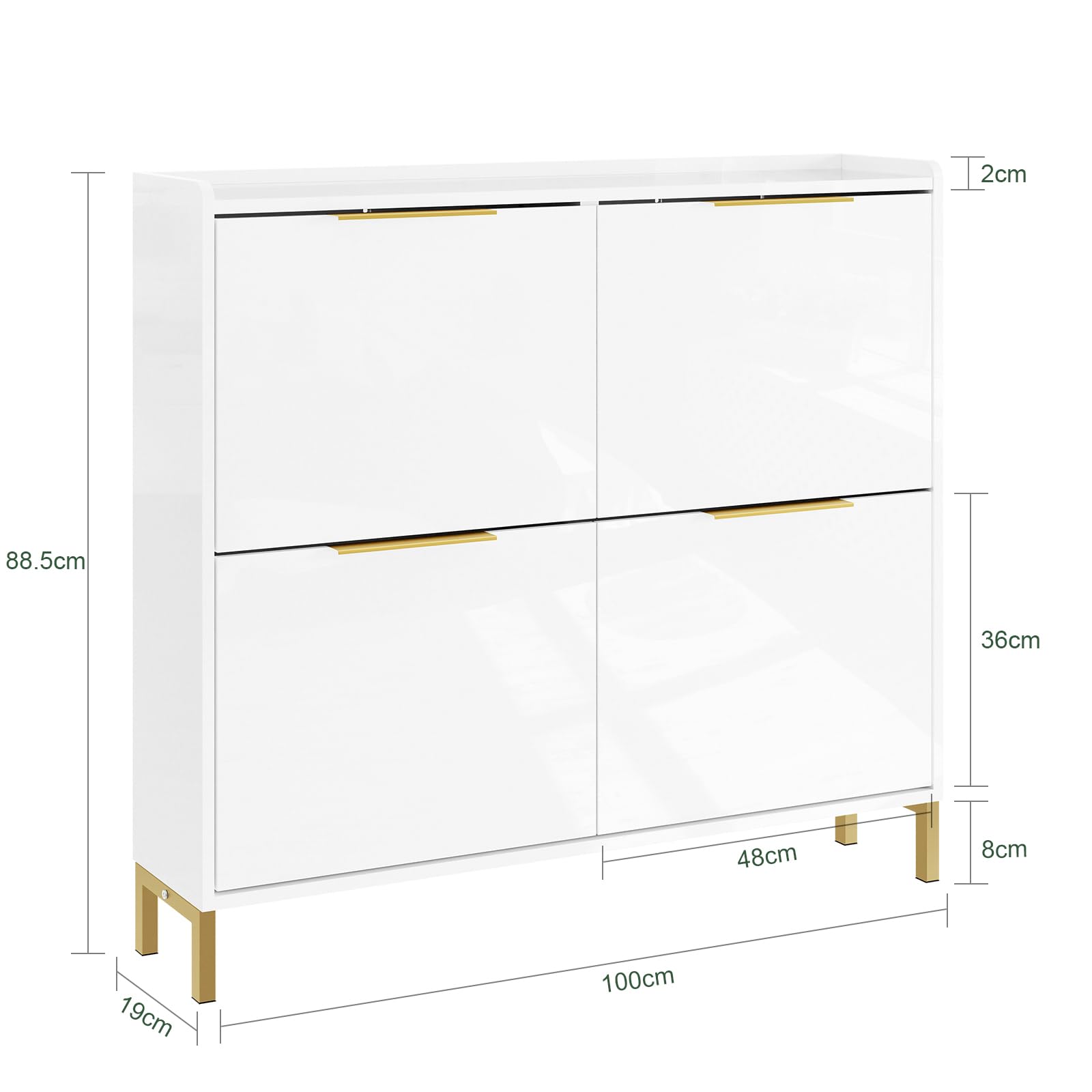 SoBuy Schuhschrank Schmal Schuhkipper Schmal mit 4 Klappen– Hochglanz Weiß mit Goldgriffen, 19cm Tiefe, Flur & kleine Wohnung, MDF+Eisen, 25kg Belastung, B100xH88,5xT19cm, FSR206-GW