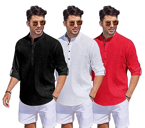 Image of Combo of Men Solid Cotton Blend Straight Kurta Shirt Pack of 3